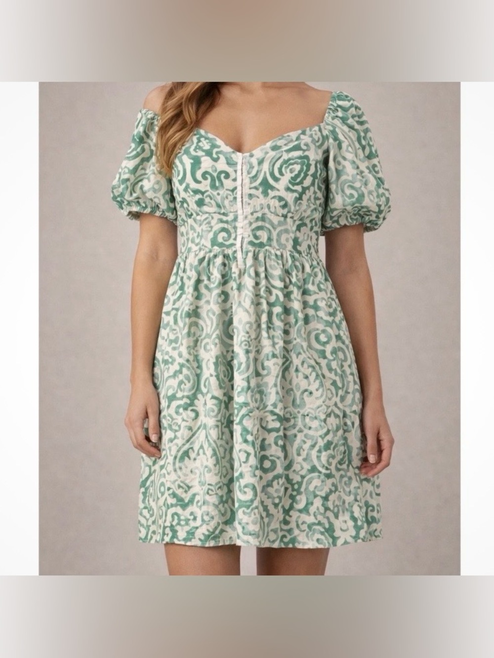 House of Harlow 1960 Cottagecore Linen Puff Sleeve Tiered Mini Dress Size Medium